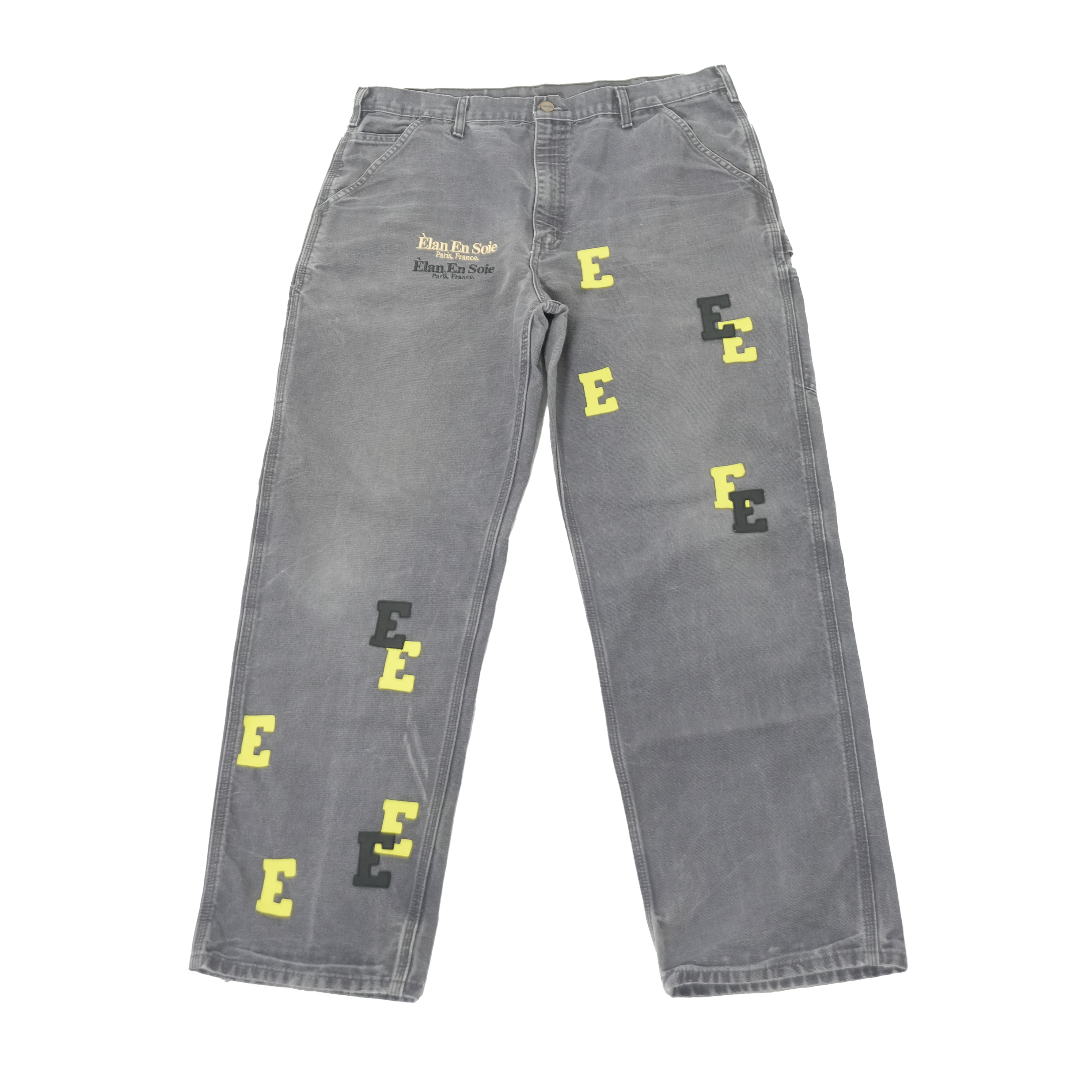 Black & Yellow Leather Letters Grey Jeans 38 x 32