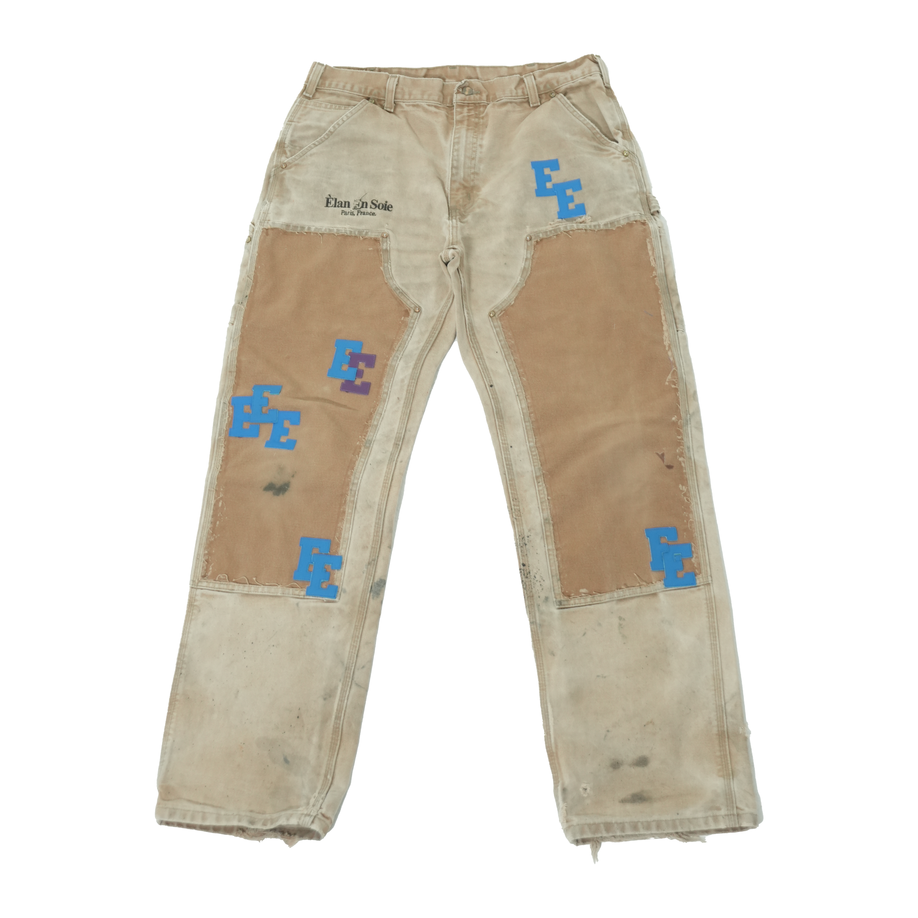 Blue and Purple Leather Letters Distressed Tan Carpenter Jeans 36 x 30