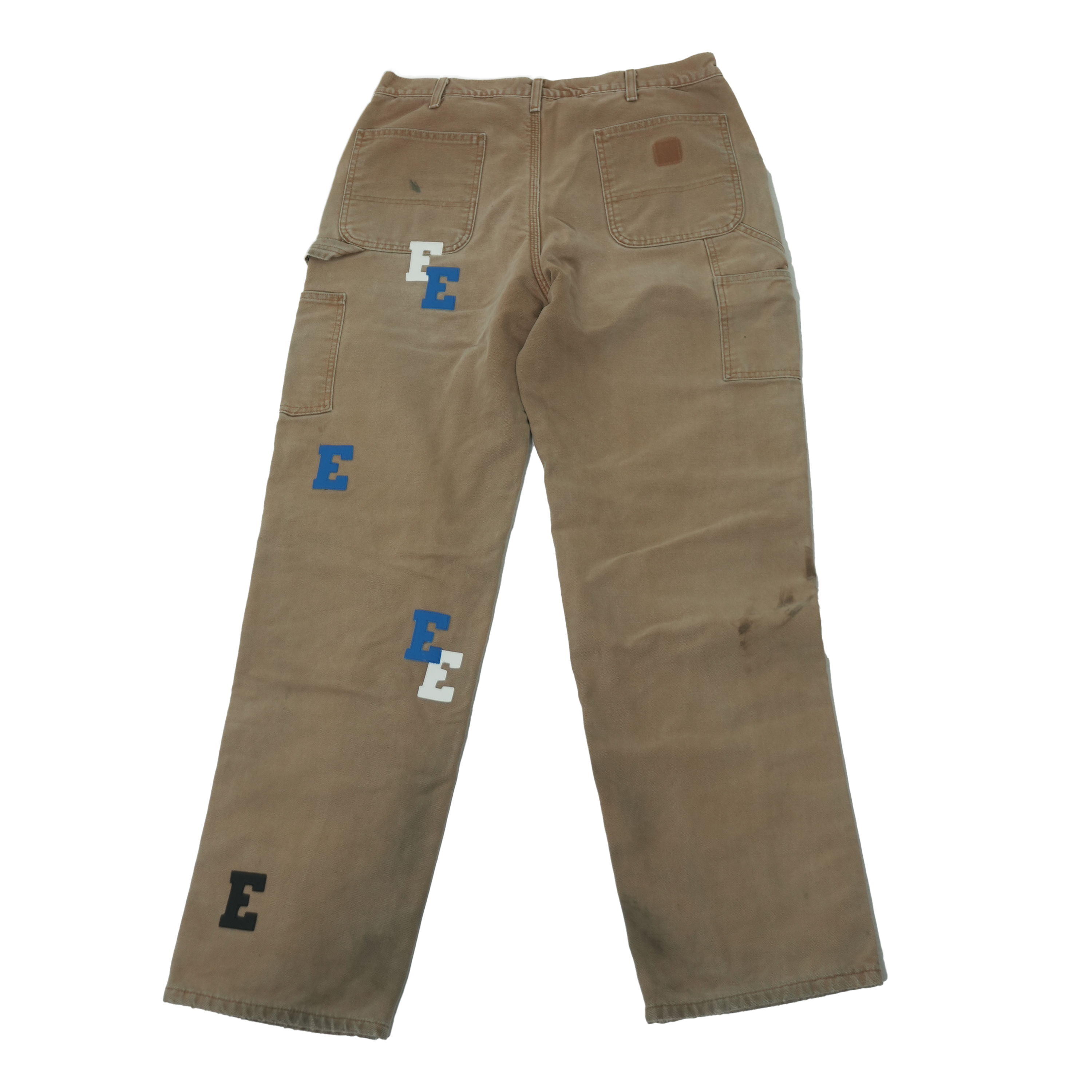 Blue and White Letters Leather Distressed Tan Jeans 36 x 34