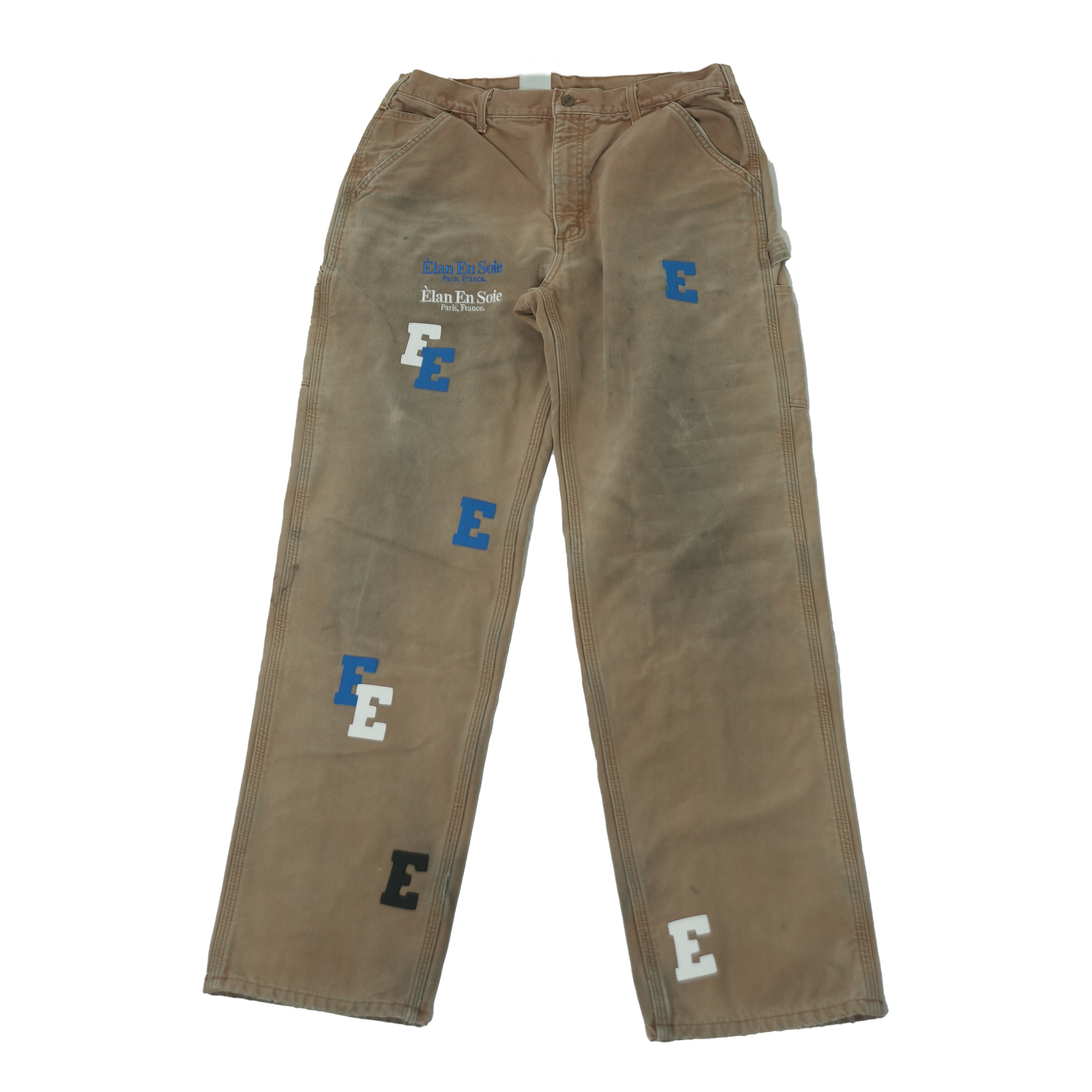 Blue and White Letters Leather Distressed Tan Jeans 36 x 34