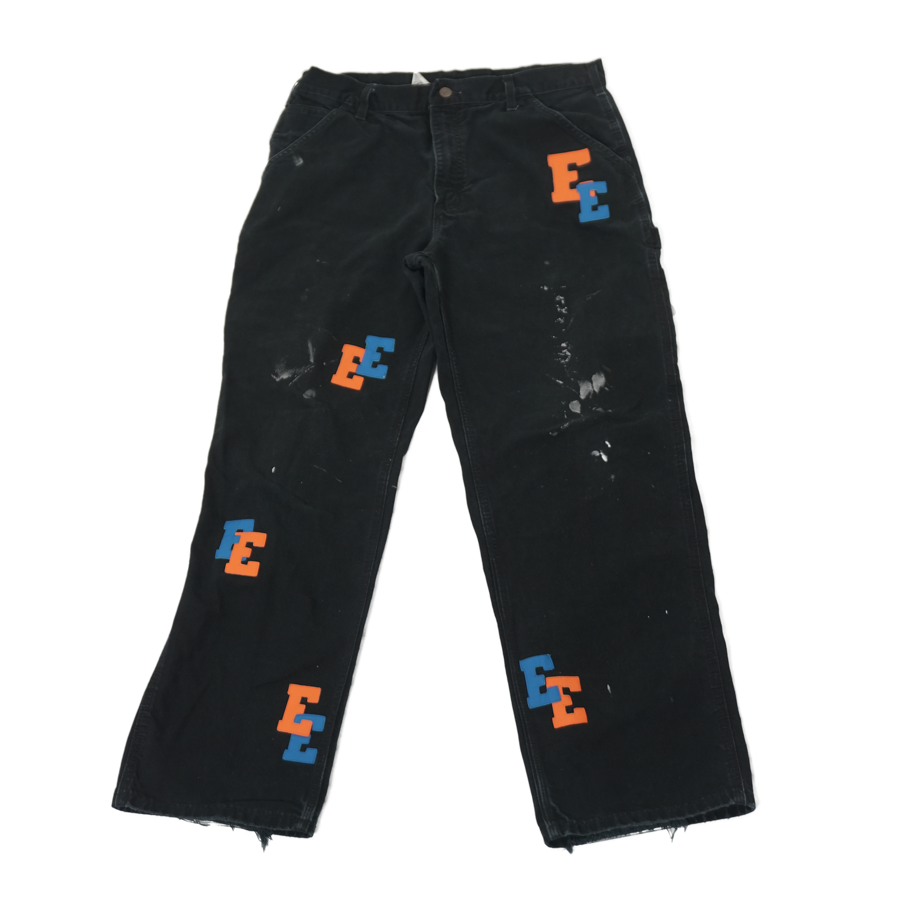 Blue and Orange Leather Letters Distressed Black Jeans 34 x 30
