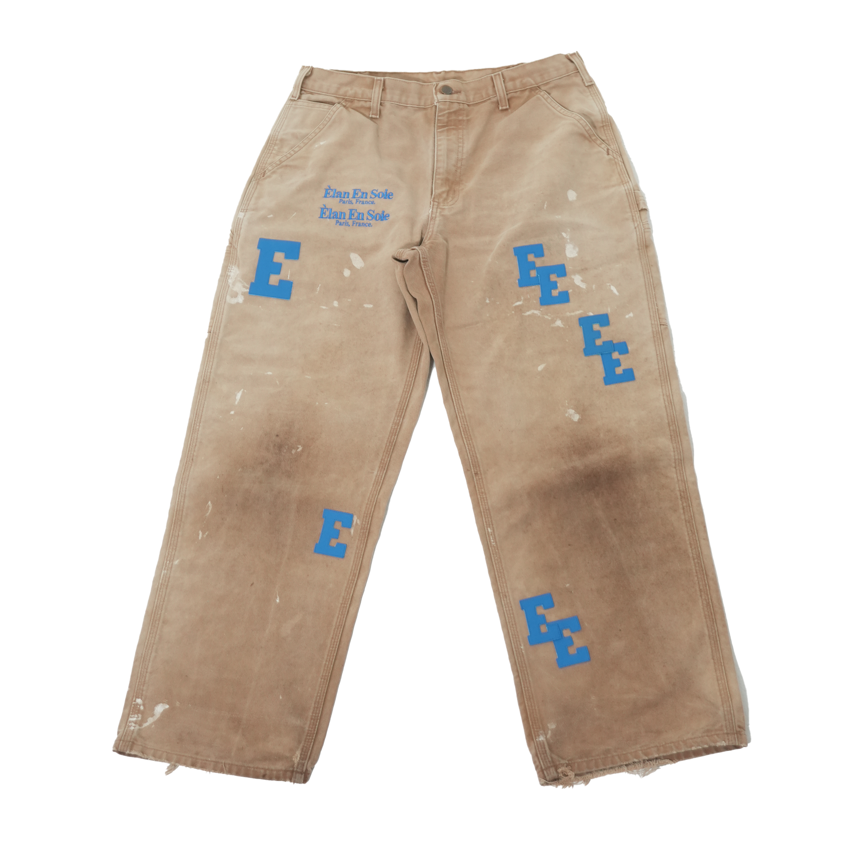 Blue Leather Letters Khaki Distressed Jeans 34 x 30