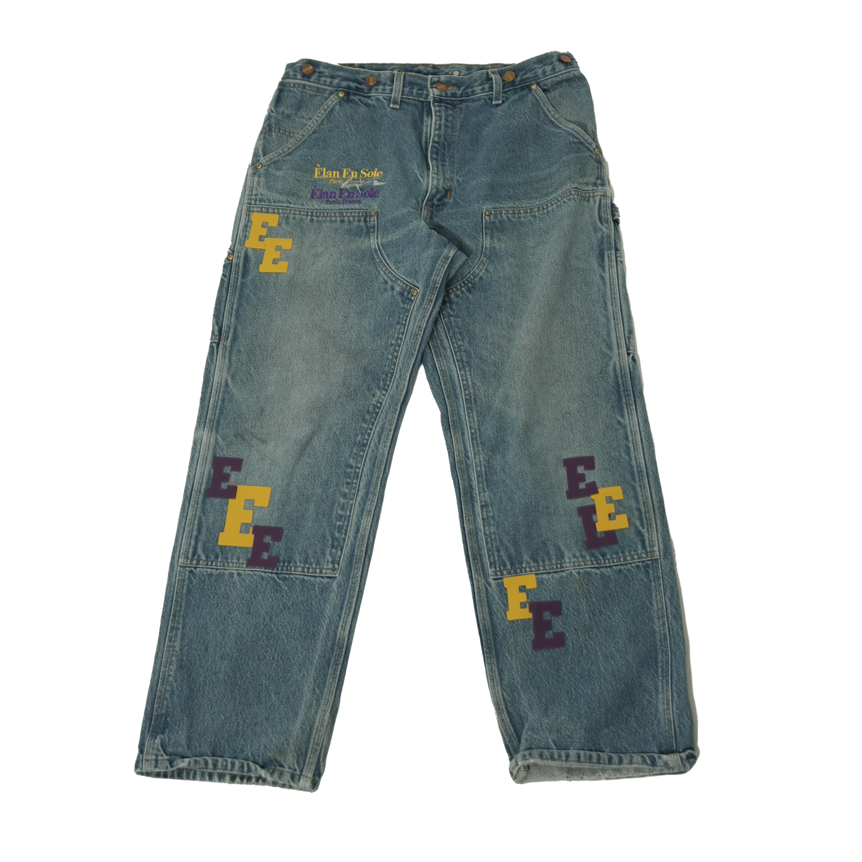 Yellow & Purple Leather Letters Dark Blue Jeans 32 x 32